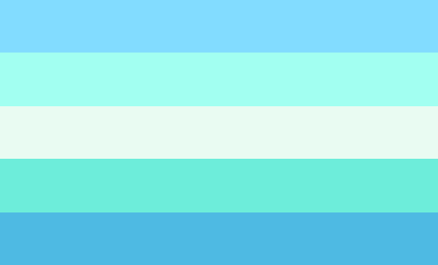 A flag with 5 horizontal stripes and symmetrical colors. The colors are light blue, cyan, and white. The 2 bottom stripes are a shade darker than the rest.